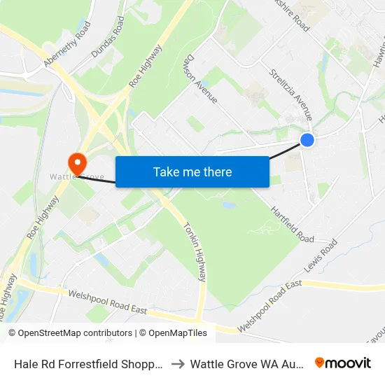Hale Rd Forrestfield Shopping Ctr to Wattle Grove WA Australia map