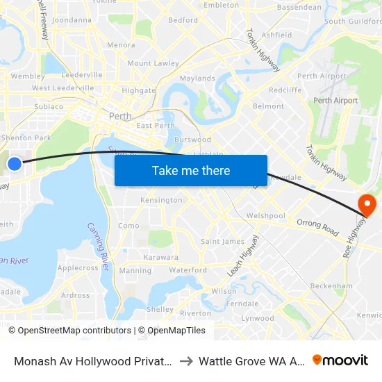 Monash Av Hollywood Private Hospital to Wattle Grove WA Australia map