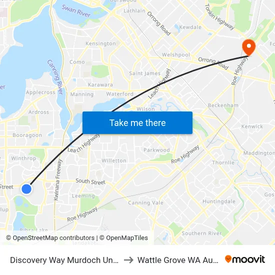 Discovery Way Murdoch University to Wattle Grove WA Australia map