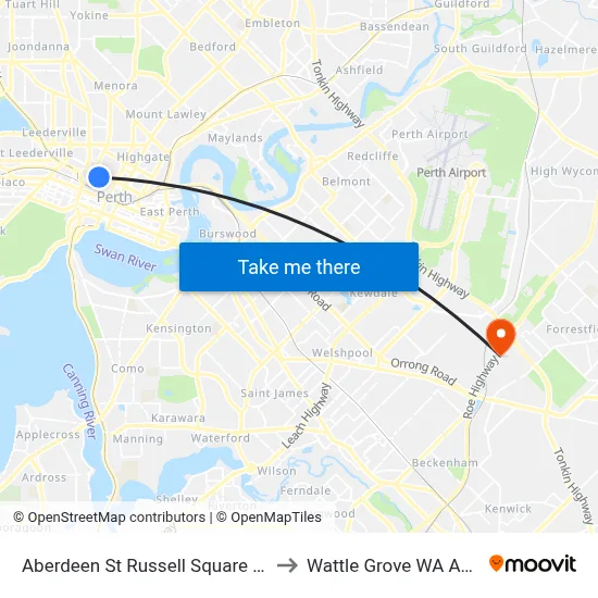 Aberdeen St Russell Square Cat Id 10 to Wattle Grove WA Australia map