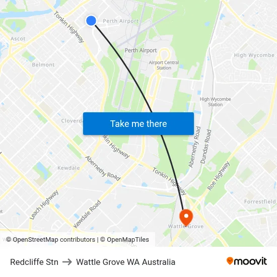 Redcliffe Stn to Wattle Grove WA Australia map