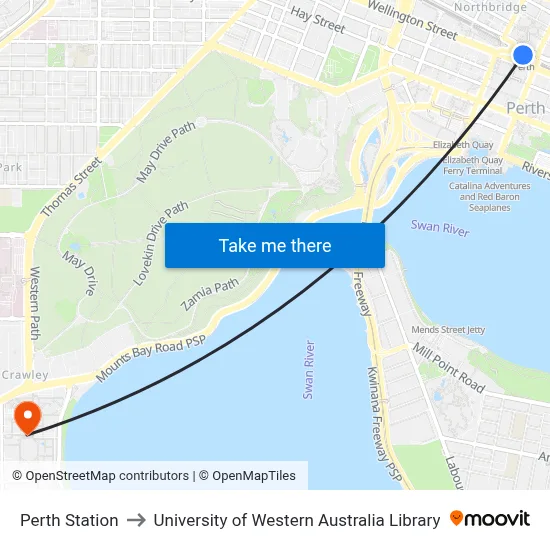 Perth Station to University of Western Australia Library map