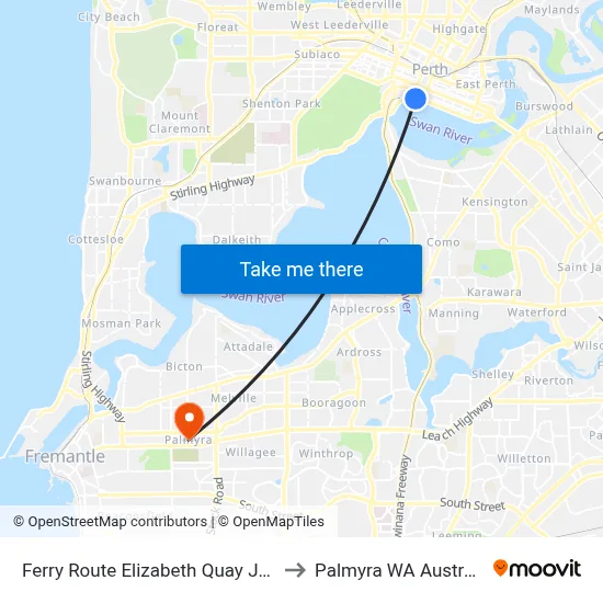 Ferry Route Elizabeth Quay Jetty to Palmyra WA Australia map