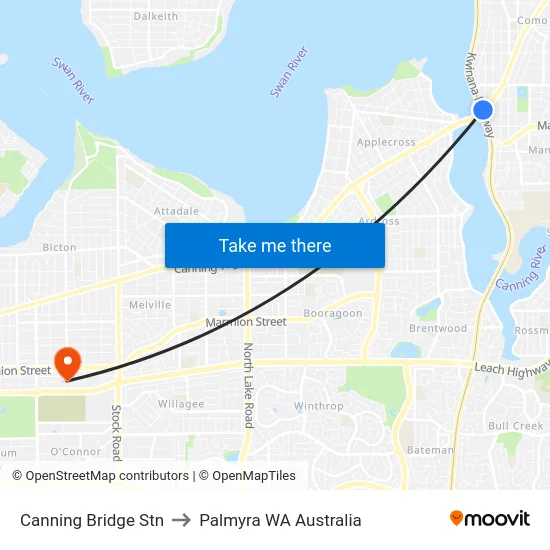 Canning Bridge Stn to Palmyra WA Australia map