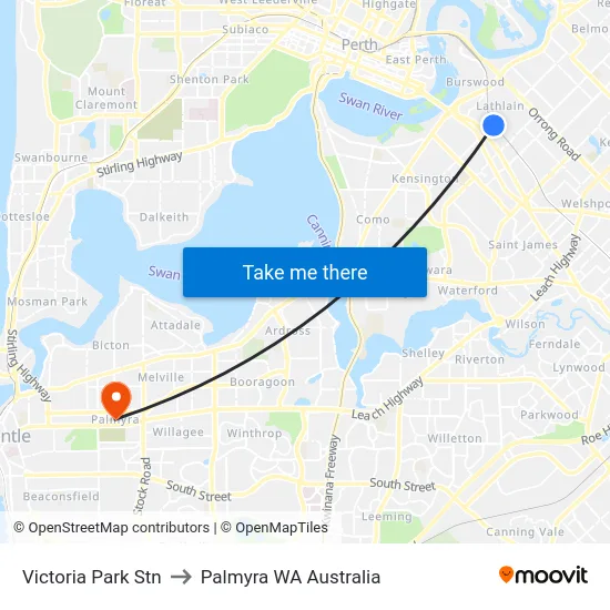 Victoria Park Stn to Palmyra WA Australia map