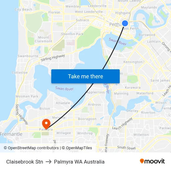 Claisebrook Stn to Palmyra WA Australia map