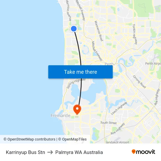 Karrinyup Bus Stn to Palmyra WA Australia map