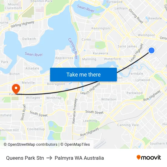 Queens Park Stn to Palmyra WA Australia map