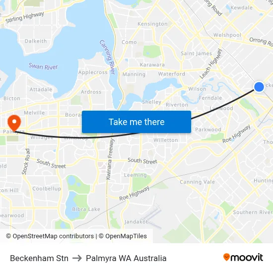 Beckenham Stn to Palmyra WA Australia map