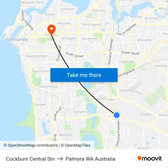 Cockburn Central Stn to Palmyra WA Australia map