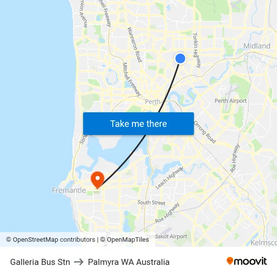 Galleria Bus Stn to Palmyra WA Australia map