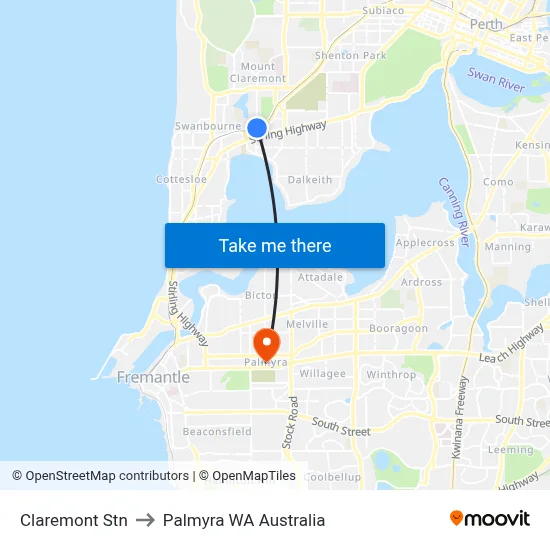 Claremont Stn to Palmyra WA Australia map