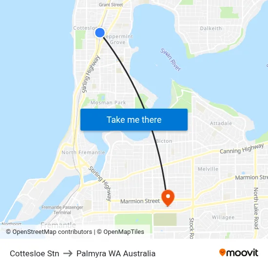 Cottesloe Stn to Palmyra WA Australia map