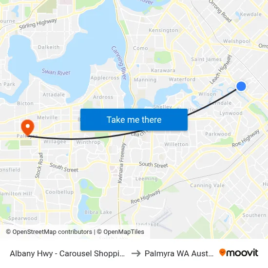 Albany Hwy - Carousel Shopping Ctr to Palmyra WA Australia map