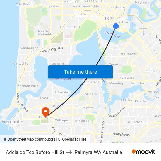 Adelaide Tce Before Hill St to Palmyra WA Australia map