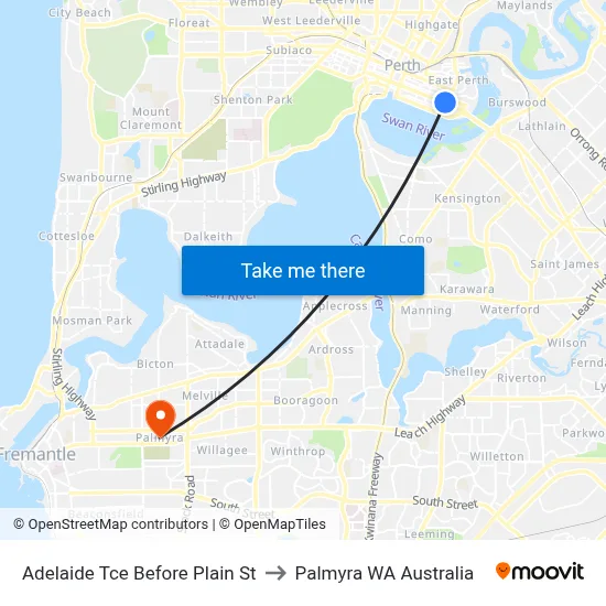 Adelaide Tce Before Plain St to Palmyra WA Australia map