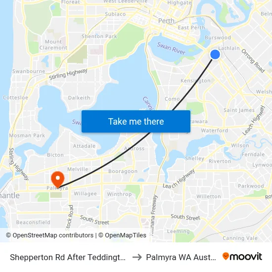 Shepperton Rd After Teddington Rd to Palmyra WA Australia map