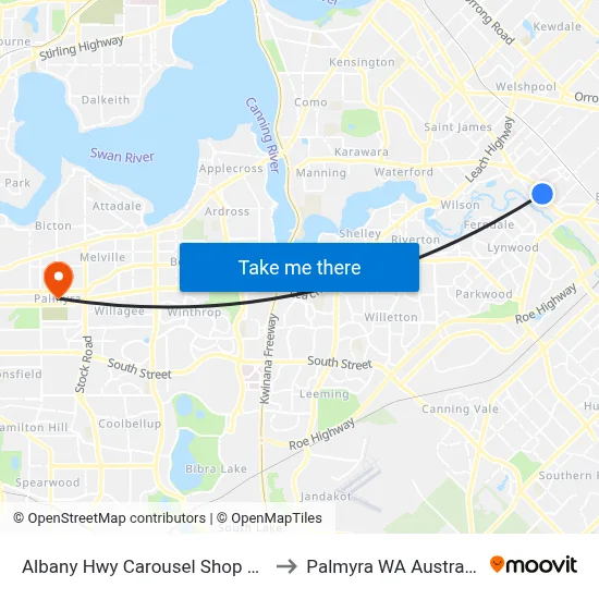 Albany Hwy Carousel Shop Ctr to Palmyra WA Australia map