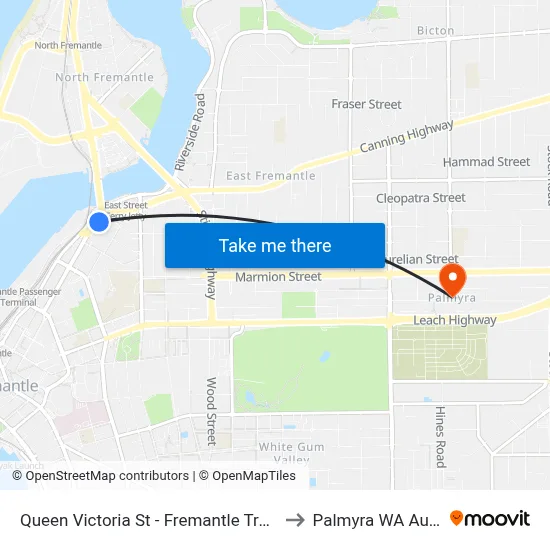 Queen Victoria St - Fremantle Traffic Bridge to Palmyra WA Australia map