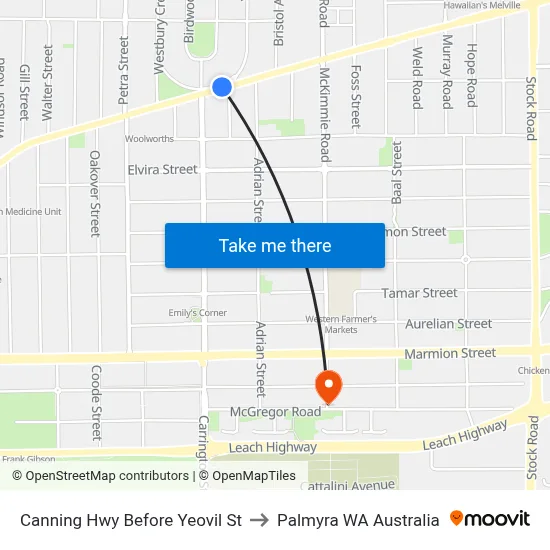 Canning Hwy Before Yeovil St to Palmyra WA Australia map