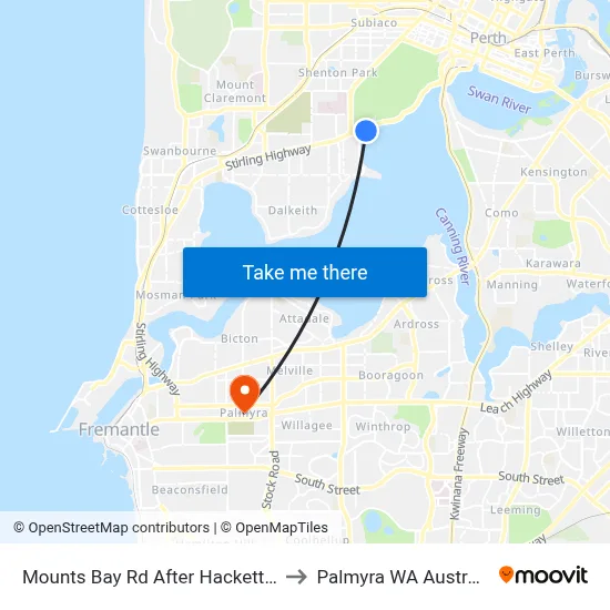 Mounts Bay Rd After Hackett Dr to Palmyra WA Australia map