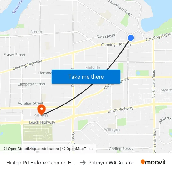 Hislop Rd Before Canning Hwy to Palmyra WA Australia map