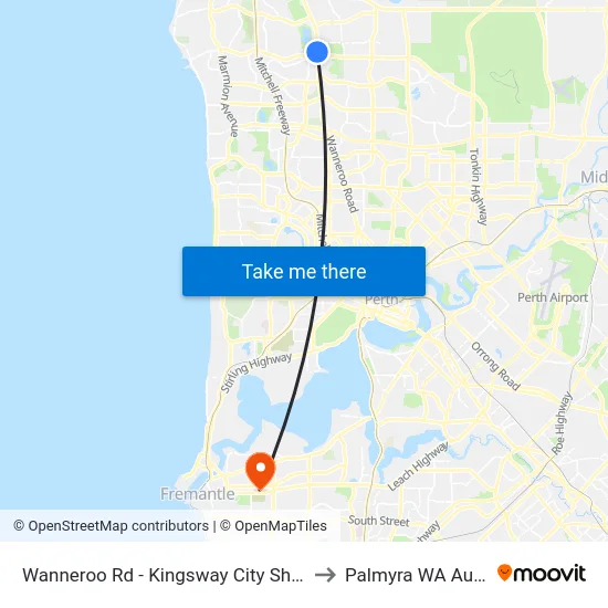 Wanneroo Rd - Kingsway City Shopping Ctr to Palmyra WA Australia map