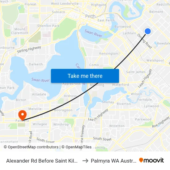Alexander Rd Before Saint Kilda Rd to Palmyra WA Australia map