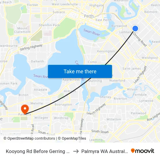 Kooyong Rd Before Gerring Ct to Palmyra WA Australia map