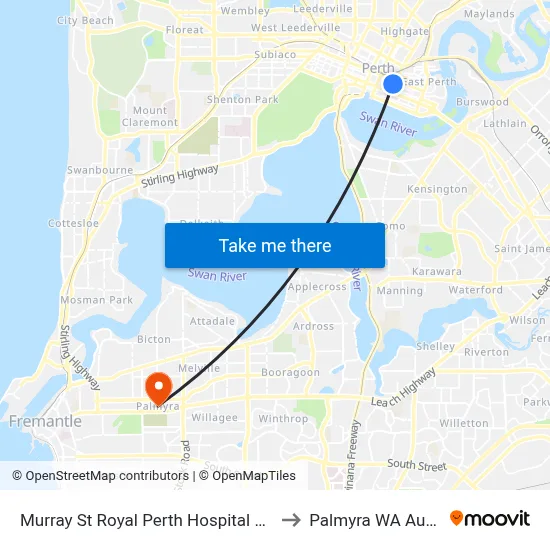 Murray St Royal Perth Hospital Cat Id 101 to Palmyra WA Australia map