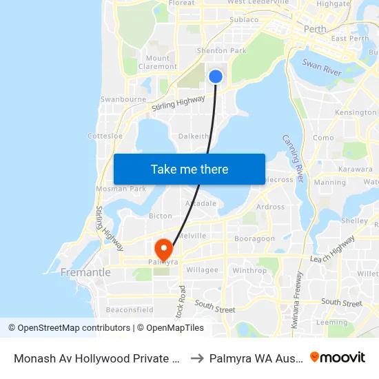Monash Av Hollywood Private Hospital to Palmyra WA Australia map