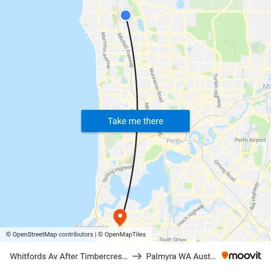 Whitfords Av After Timbercrest Rise to Palmyra WA Australia map