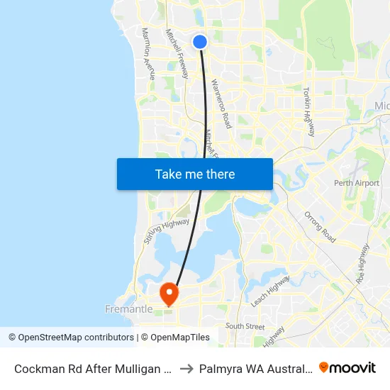 Cockman Rd After Mulligan Dr to Palmyra WA Australia map