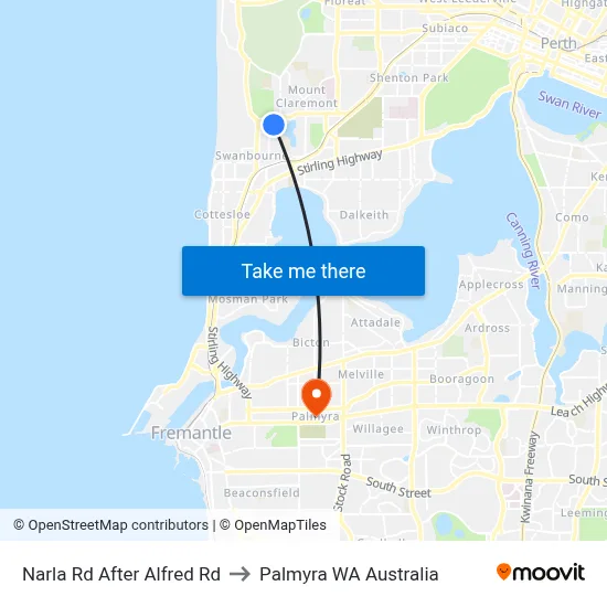 Narla Rd After Alfred Rd to Palmyra WA Australia map