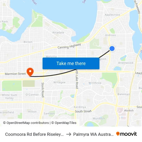 Coomoora Rd Before Riseley St to Palmyra WA Australia map