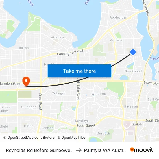 Reynolds Rd Before Gunbower Rd to Palmyra WA Australia map