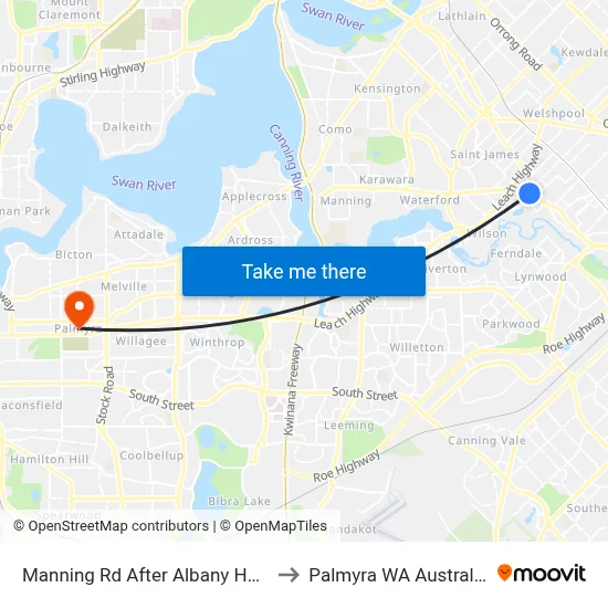 Manning Rd After Albany Hwy to Palmyra WA Australia map