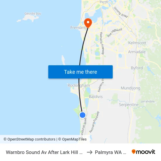 Warnbro Sound Av After Lark Hill Sports Complex to Palmyra WA Australia map