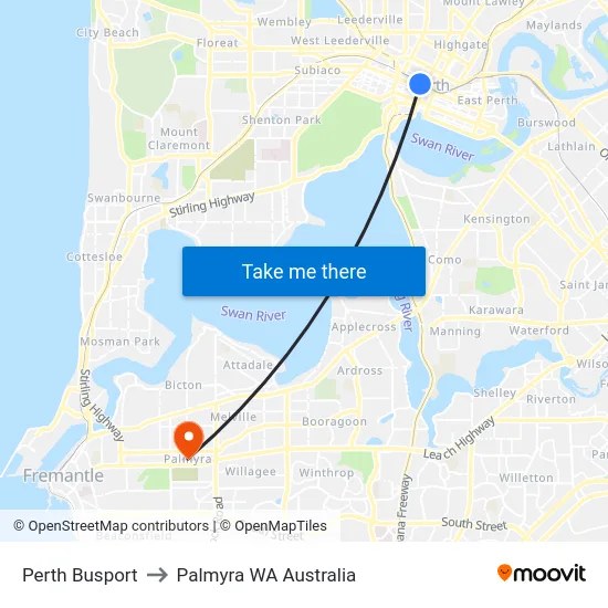 Perth Busport to Palmyra WA Australia map