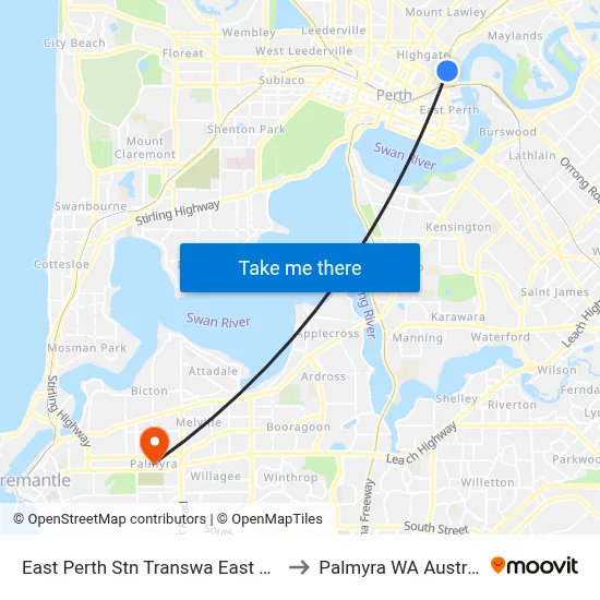 East Perth Stn Transwa East Perth to Palmyra WA Australia map