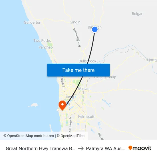 Great Northern Hwy Transwa Bindoon to Palmyra WA Australia map
