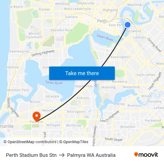 Perth Stadium Bus Stn to Palmyra WA Australia map