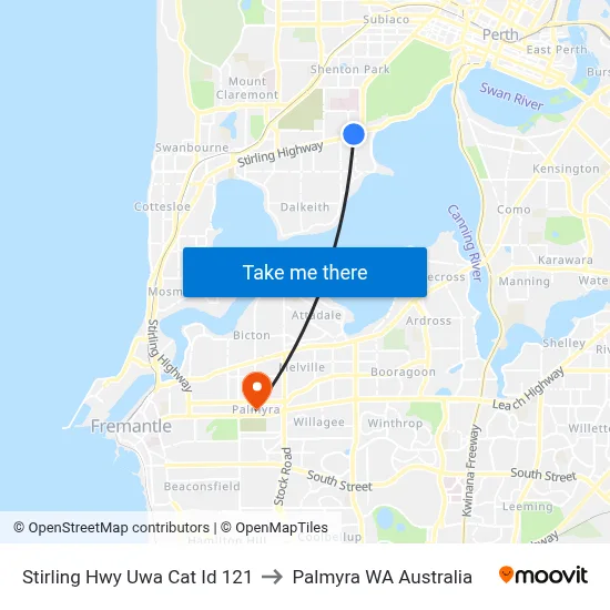 Stirling Hwy Uwa Cat Id 121 to Palmyra WA Australia map