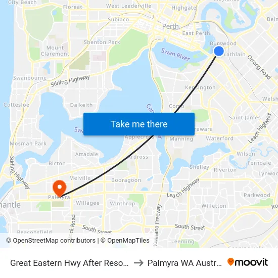 Great Eastern Hwy After Resort Dr to Palmyra WA Australia map