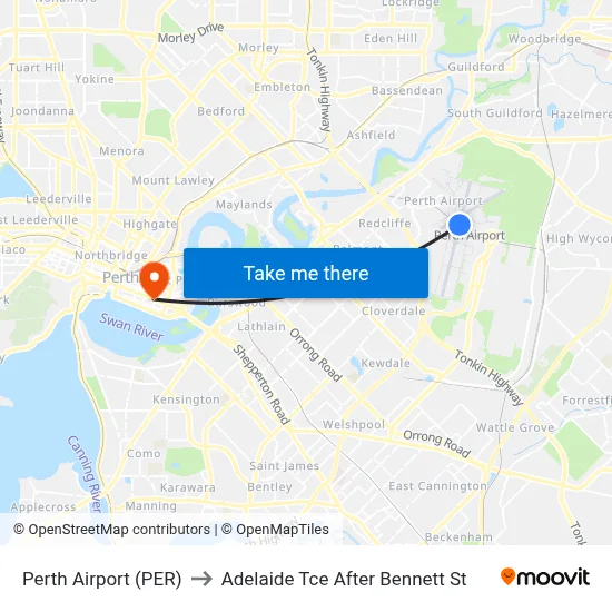 Perth Airport (PER) to Adelaide Tce After Bennett St map