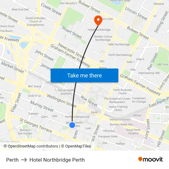 Perth to Hotel Northbridge Perth map