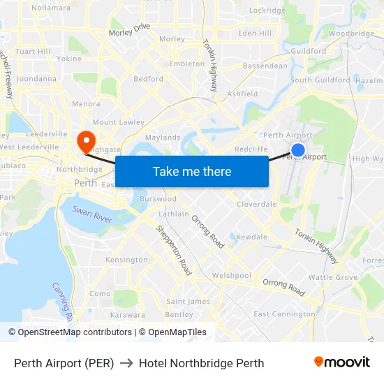 Perth Airport (PER) to Hotel Northbridge Perth map