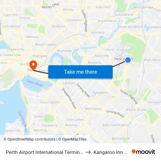 Perth Airport International Terminal T1 T2 to Kangaroo Inn Perth map