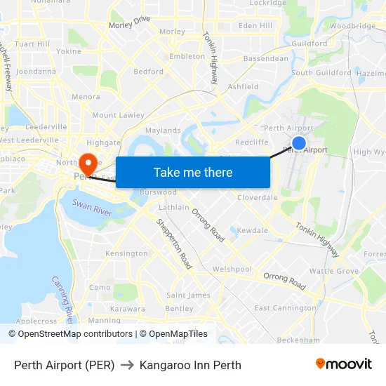 Perth Airport (PER) to Kangaroo Inn Perth map