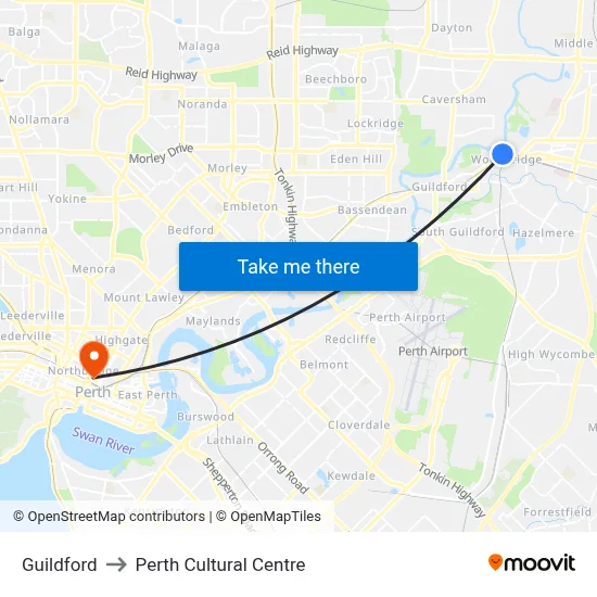 Guildford to Perth Cultural Centre map